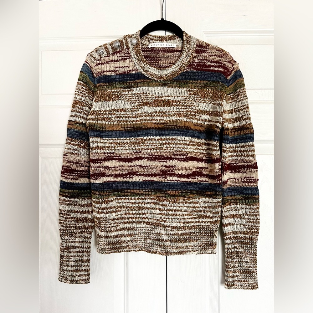 Veronica Beard Sohani Metallic Space-Dyed Cotton Sweater Size XS Shoulder Button - Picture 11 of 12